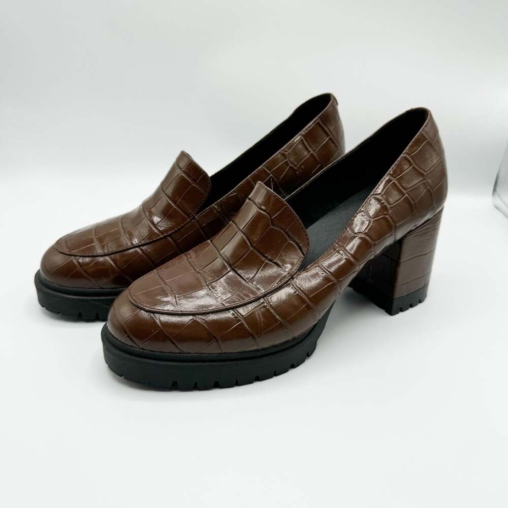 Aerosoles Chocolate Brown Croc Chunky Platform Heel Loafers Leather 9.5